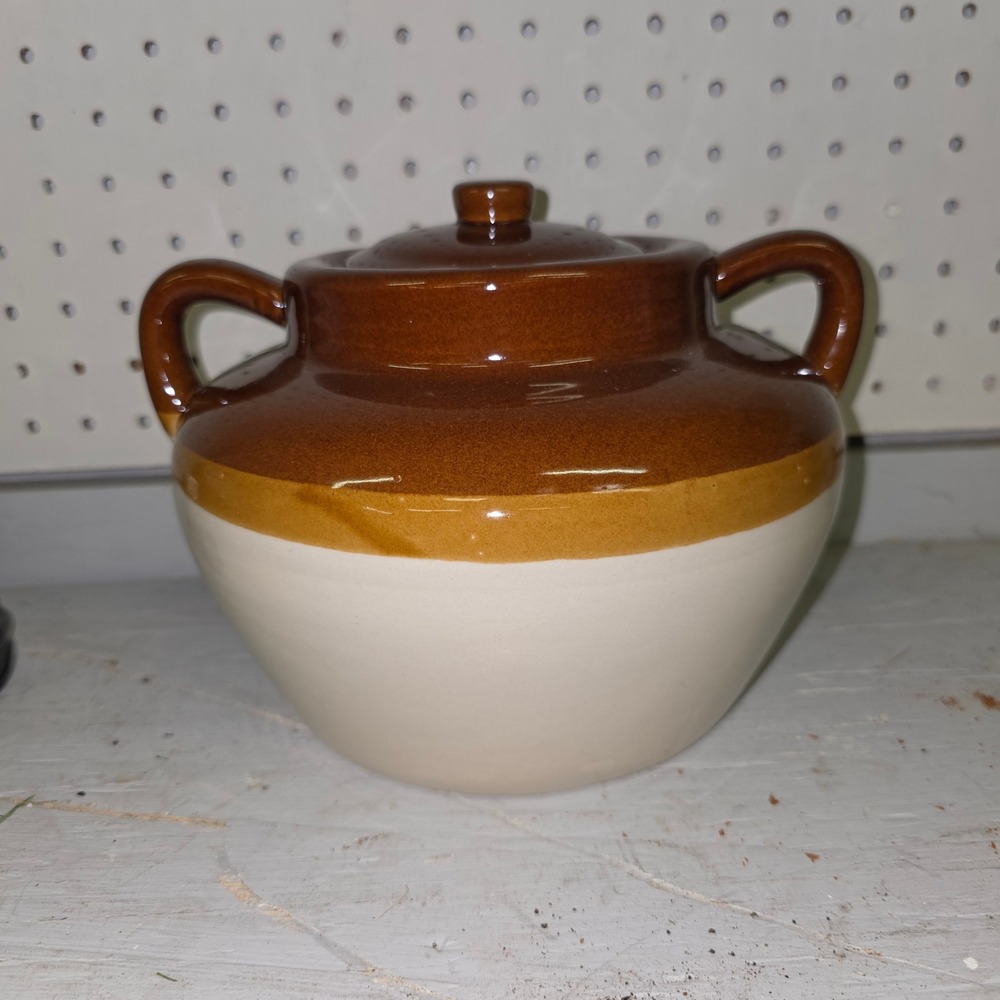 Vintage Smith-China Stoneware Bean Pot with Lid TwoTone Brown Ceramic Crock